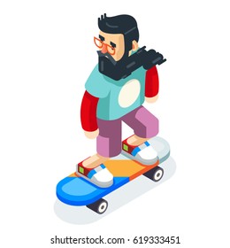 Hipster Geek Skater Ride Skateboard Character Cartoon Icon Isometric Design Vector Illustration