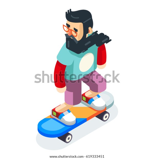 ヒップスター ギーク スケーター ライド スケートボードのキャラクター カートーン アイコンアイソメデザインベクターイラスト のベクター画像素材 ロイヤリティフリー