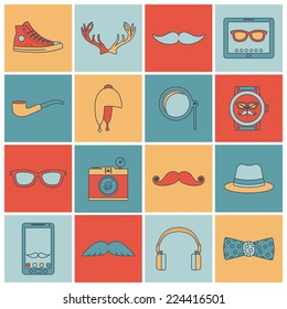 Hipster geek urban fashion elements and accessories flat line icons set isolated vector illustration