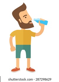 A hipster gentleman drink a bottle of energy drink. Healthy, fitness concept. A Contemporary style. Vector flat design illustration isolated white background. Vertical layout.