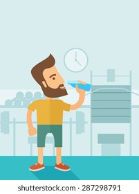 A hipster gentleman drink a bottle of energy drink before he start to exercise inside the gym. Healthy, fitness concept. A contemporary style with pastel palette soft blue tinted background. Vector