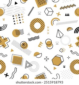 Padrão Memphis geométrico Hipster, azulejo sem costura com formas douradas abstratas. Vetor fundo vintage com figuras douradas, pretas ou brancas. Ornamento repetido na moda, papel de parede mínimo criativo ou impressão