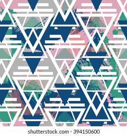 Hipster geometric seamless pattern with hand drawn brush stroke elements. Colorful Vivid texture with triangles for sport wear, fabric, paper, invitation cards. Pop art. 