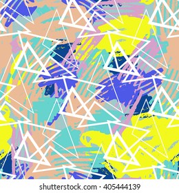 Hipster geometric seamless pattern with hand drawn brush stroke elements. Marker strokes. Colorful Vivid texture with triangles for sport wear, fabric, paper, invitation cards. 