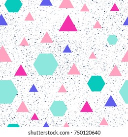 Hipster  Geometric Seamless Pattern Pop art print with Grunge Black Grain Dots Background