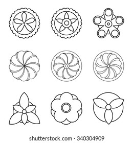 Hipster geometrical circular flowers, floral design elements, set of isolated linear graphical logos, icons, flower objects. 