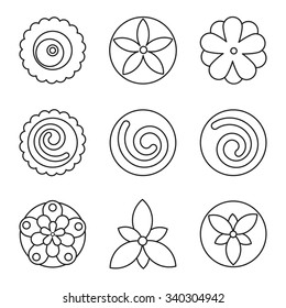 Hipster geometrical circular flowers, floral design elements, set of isolated linear graphical logos, icons, flower objects. 