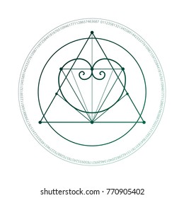 Hipster geometrical romantic tattoo sketch with polygonal heart, golden ratio spirals and interlocking geometry shapes.