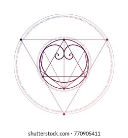 Hipster geometrical romantic tattoo sketch with polygonal heart, golden ratio spirals and interlocking geometry shapes.