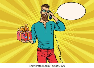 Hipster With A Gift Of Talking On The Phone. Pop Art Retro Vector Illustration