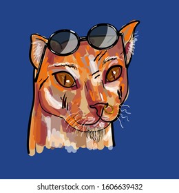 A hipster ginger cat with sunglasses ,ing at nose and scar on face on blue background. vector illustration.
