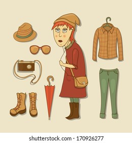 Hipster girl with accessories and clothing elements in cartoon style