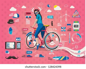 hipster girl with bicycle,info graphic,