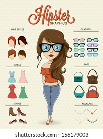 Hipster Girl Character With Hipster Elements And Icons