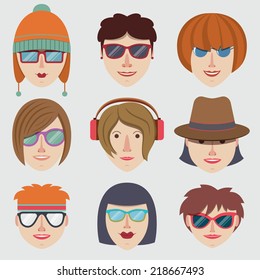 Hipster girl character faces decorative icons set isolated vector illustration