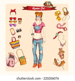 Hipster girl character sketch colored set with backpack teddy bear coffee isolated vector illustration