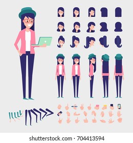 Personaje de chica hipster para tus escenas. Conjunto de creación de caracteres vectoriales planos con varias vistas, peinados y poses. Partes de plantilla de cuerpo para el trabajo de diseño y la animación.