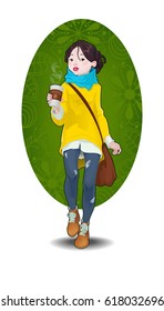 Hipster girl with a cup of coffee to go. Cartoon vector illustration. Young brunette woman