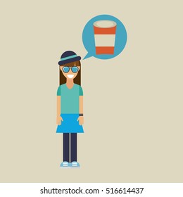 hipster girl cup coffee vintage background vector illustration eps 10