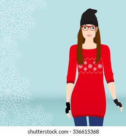 Hipster girl dressed in Christmas style. Vector illustration.