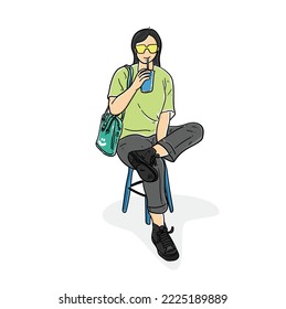 Hipster girl drinking boba and coffee modern vector illustration