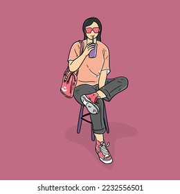 Hipster girl drinking boba and coffee red background modern vector illustration