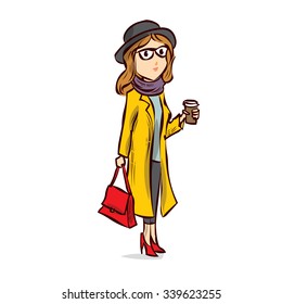 Hipster girl drinking coffee outdoor. Hand drawn cartoon vector illustration.