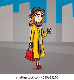 Hipster girl drinking coffee outdoor. Hand drawn cartoon vector illustration.