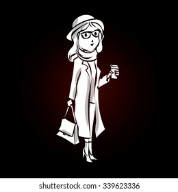 Hipster girl drinking coffee outdoor. Hand drawn cartoon vector illustration.