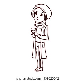 Hipster girl drinking coffee outdoor. Hand drawn cartoon vector illustration.