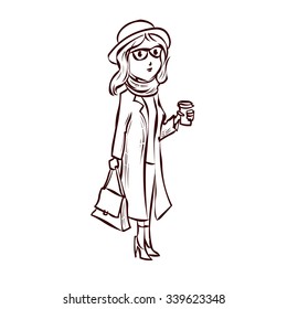 Hipster girl drinking coffee outdoor. Hand drawn cartoon vector illustration.