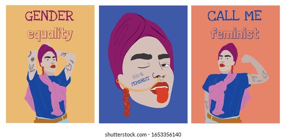 Hipster girl feminist with a muscular arm in a turban with earrings and tattoos. Positive activism. Trendy set of a typography background with young woman declares her rights. Hand drawn vector design