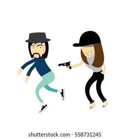hipster girl fighting boy vector cartoon 