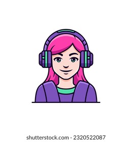 Hipster girl gamer in headphones video game virtual cyberspace entertainment outline icon vector flat illustration. Female teen with pink hair portrait online gaming technology esport team logo design