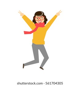 Hipster Girl In Glasses ,Sweater And Scarf Dancing, Part Of Funny Drunk People Having Fun At The Party Series