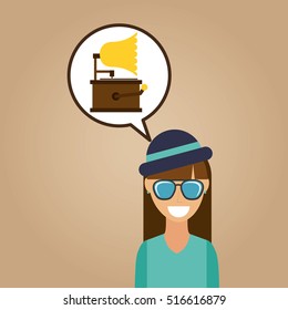hipster girl gramophone music retro vector illustration eps 10
