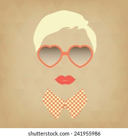 Hipster girl and heart-shaped glasses. Vintage hipster background. Print for your T-shirts.