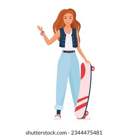 Hipster girl holding skateboard. Outdoor activity, stylish young lady vector cartoon illustration