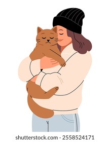 Hipster girl hugging a cat.. Care about domestic animals. Love and support for kitten.