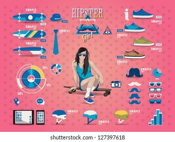 hipster girl info graphic, sport elements,long board