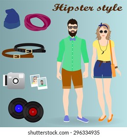 Hipster girl and man in fashionable clothes. A set of accessories. Vector illustration.