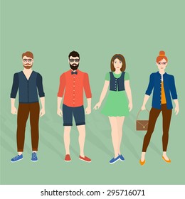 Hipster girl with hipster men in fashionable clothes. Vector illustration.