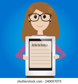 Hipster girl with new year resolution on tablet