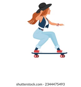 Hipster girl on skateboard. Cool pretty girl skateboarding, stylish clothes vector illustration
