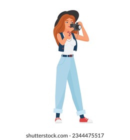 Hipster girl with photo camera. Young stylish woman taking photos vector cartoon illustration