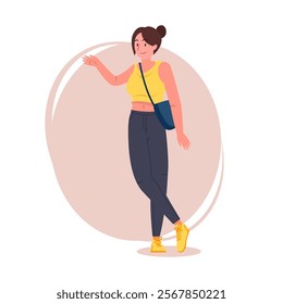 Hipster girl pose vector flat illustration. Cartoon latina female character with tied hair in stylish jeans, sneakers and shoulder bag, brunette woman standing and explaining something