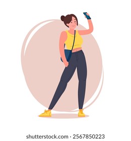 Hipster girl pose vector flat illustration. Cartoon latina female character with tied hair in stylish jeans, sneakers and shoulder bag, brunette woman standing and selfie pose