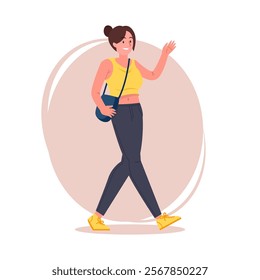 Hipster girl pose vector flat illustration. Cartoon latina female character with tied hair in stylish jeans, sneakers and shoulder bag, brunette woman walking and say hallo