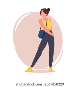 Hipster girl pose vector flat illustration. Cartoon latina female character with tied hair in stylish jeans, sneakers and shoulder bag, brunette woman standing with stylish pose