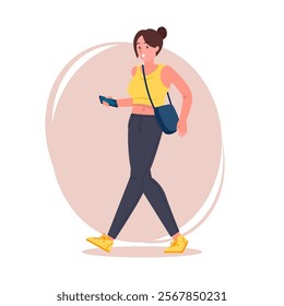 Hipster girl pose vector flat illustration. Cartoon latina female character with tied hair in stylish jeans, sneakers and shoulder bag, brunette woman walking and holding a smartphone